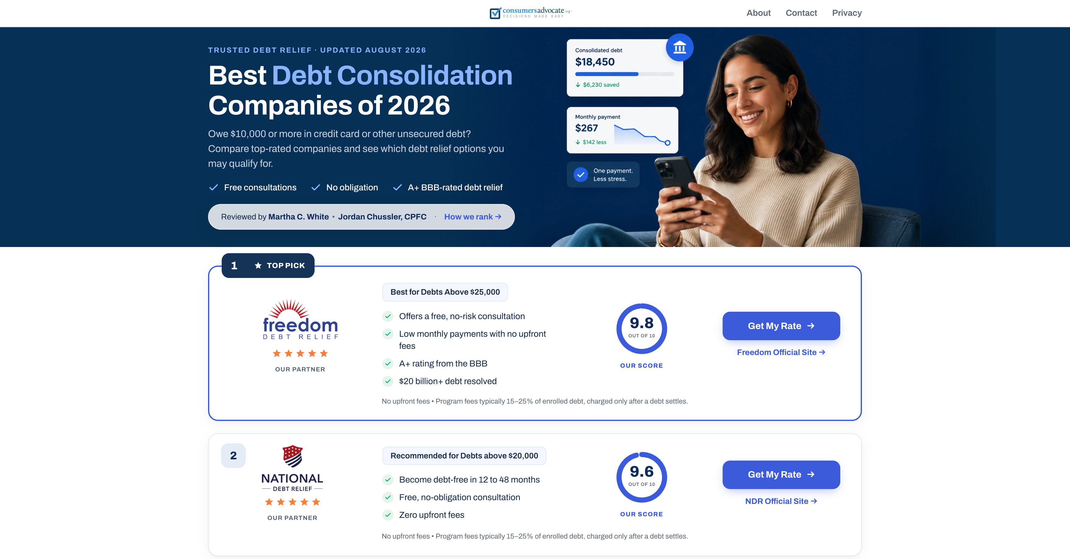Final responsive debt consolidation page on desktop