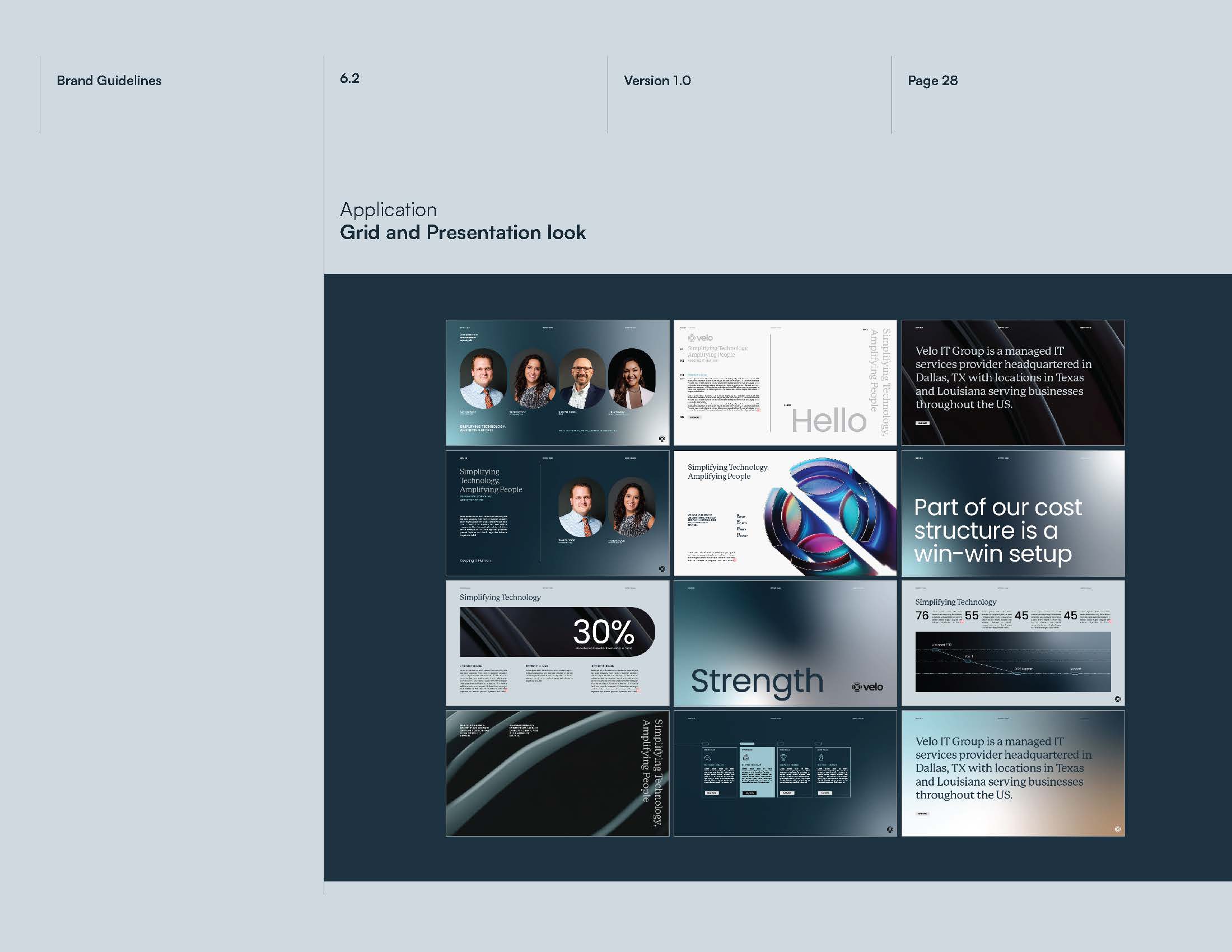 Velo brand system applied across a flexible presentation template