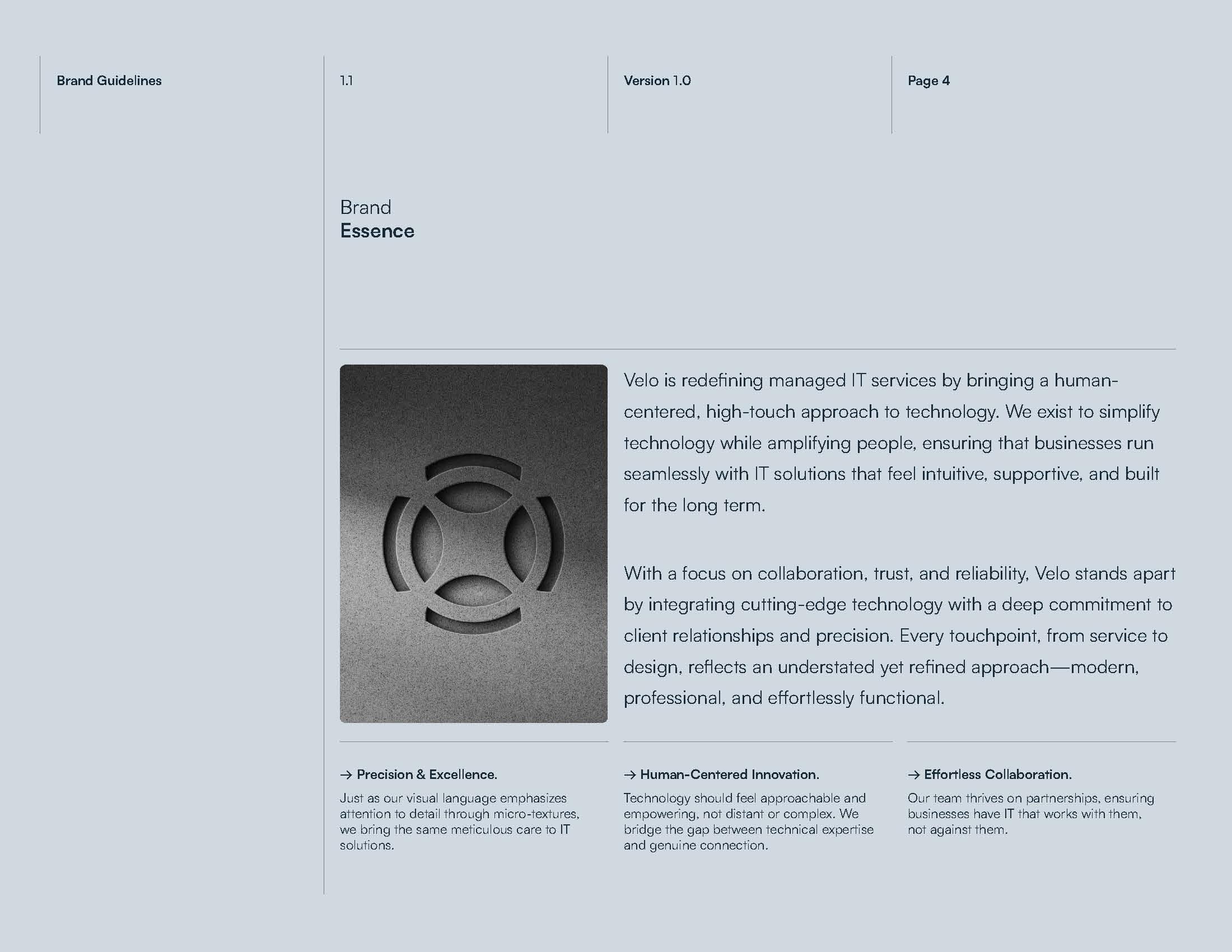 Velo brand essence centered on precision, human-centered innovation, and collaboration