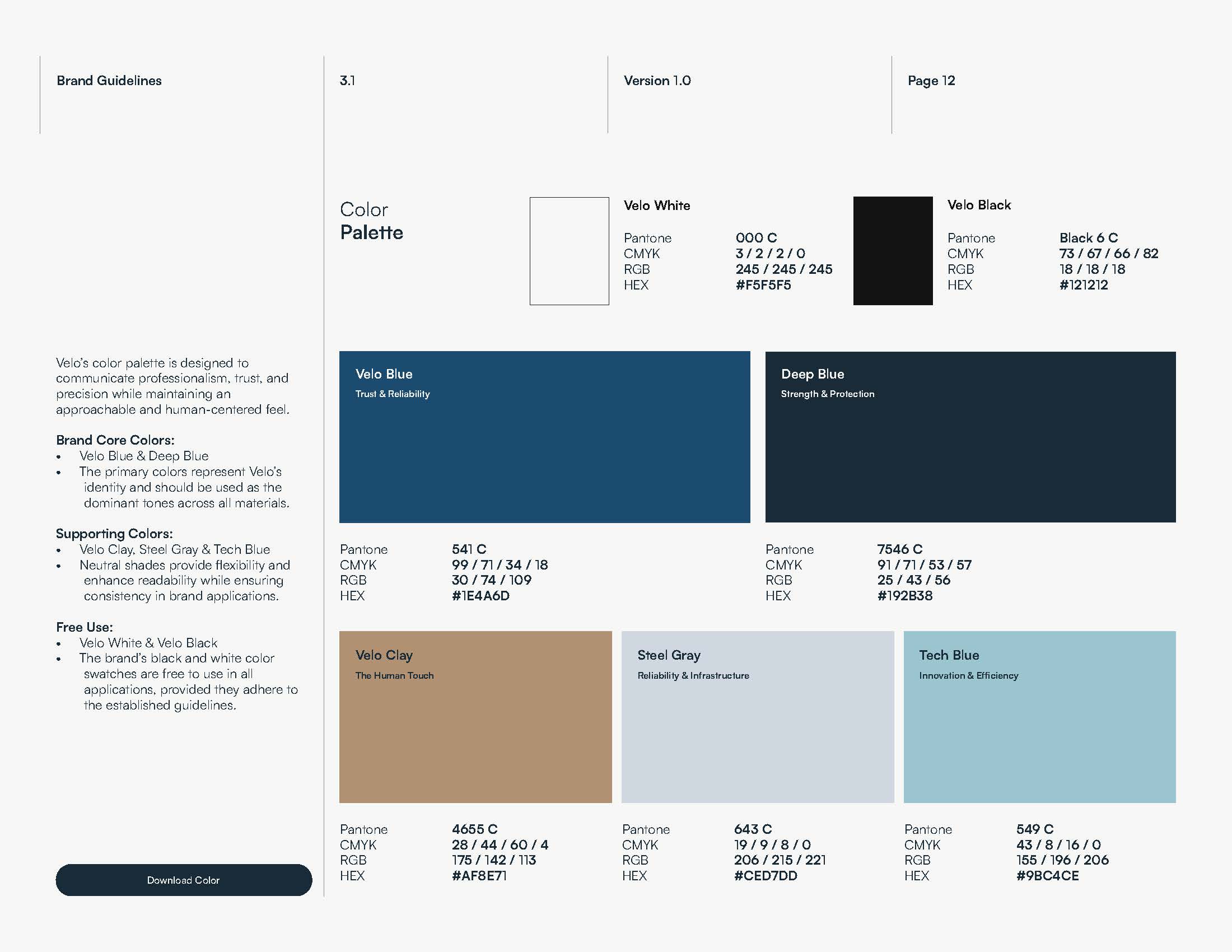 Velo color palette featuring deep blues, tech blue, steel gray, clay, black, and white