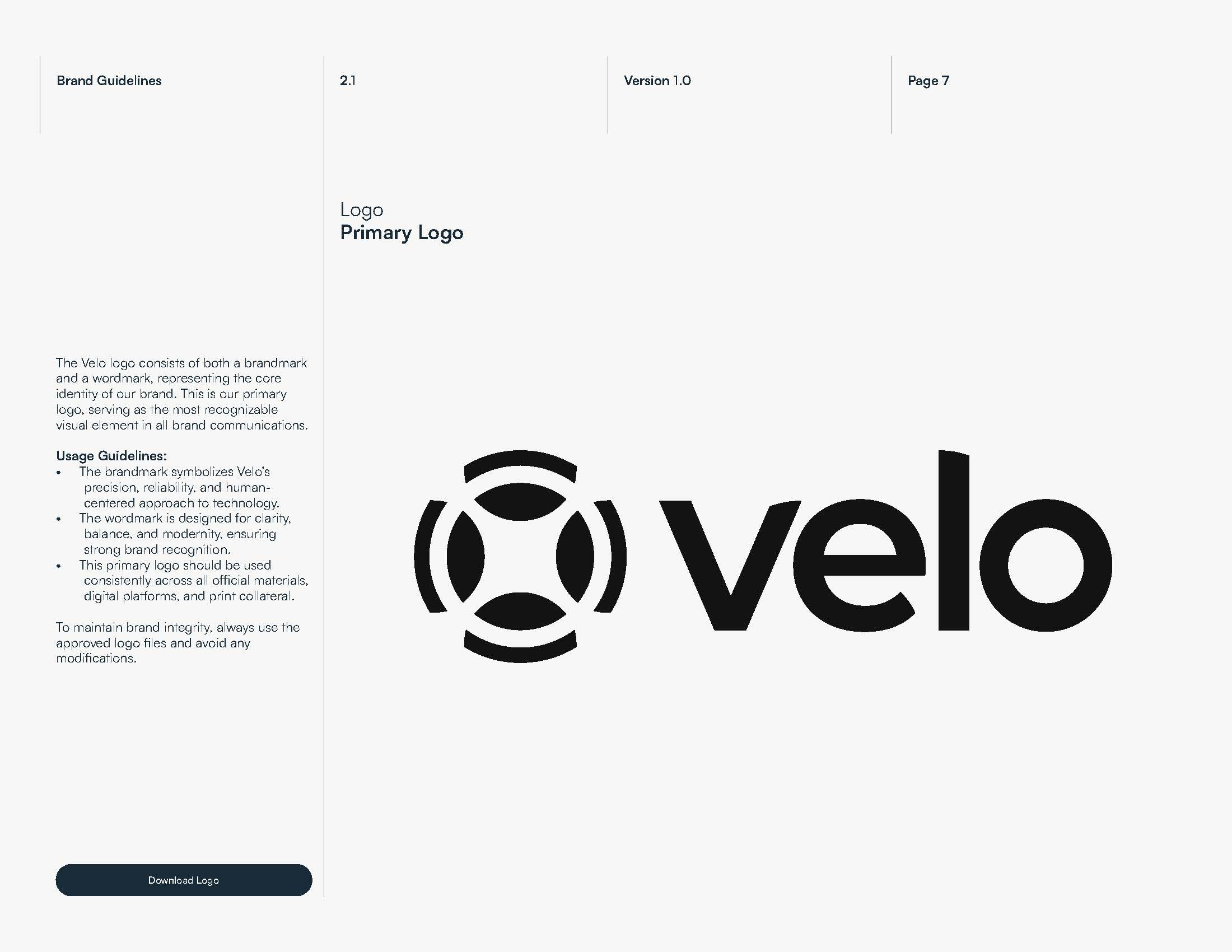 Velo primary logo combining a circular brandmark and modern wordmark