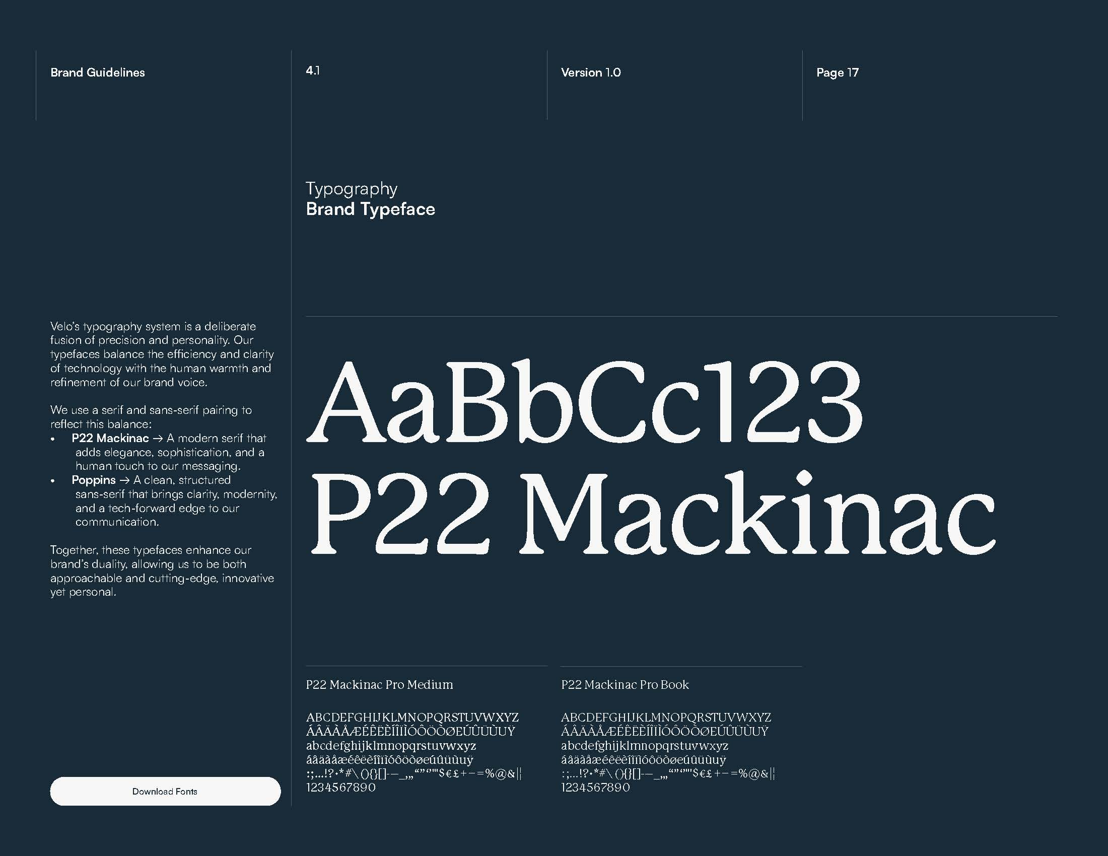 Velo typography system pairing P22 Mackinac with Poppins