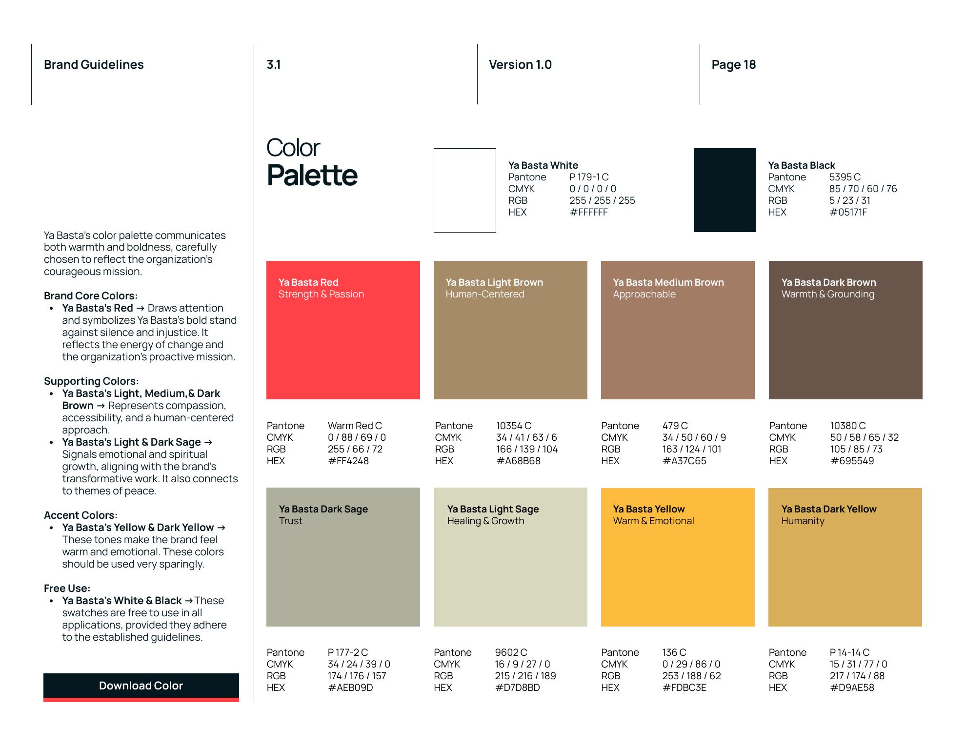 Ya Basta color palette balancing courageous red with warm brown, sage, and hopeful yellow