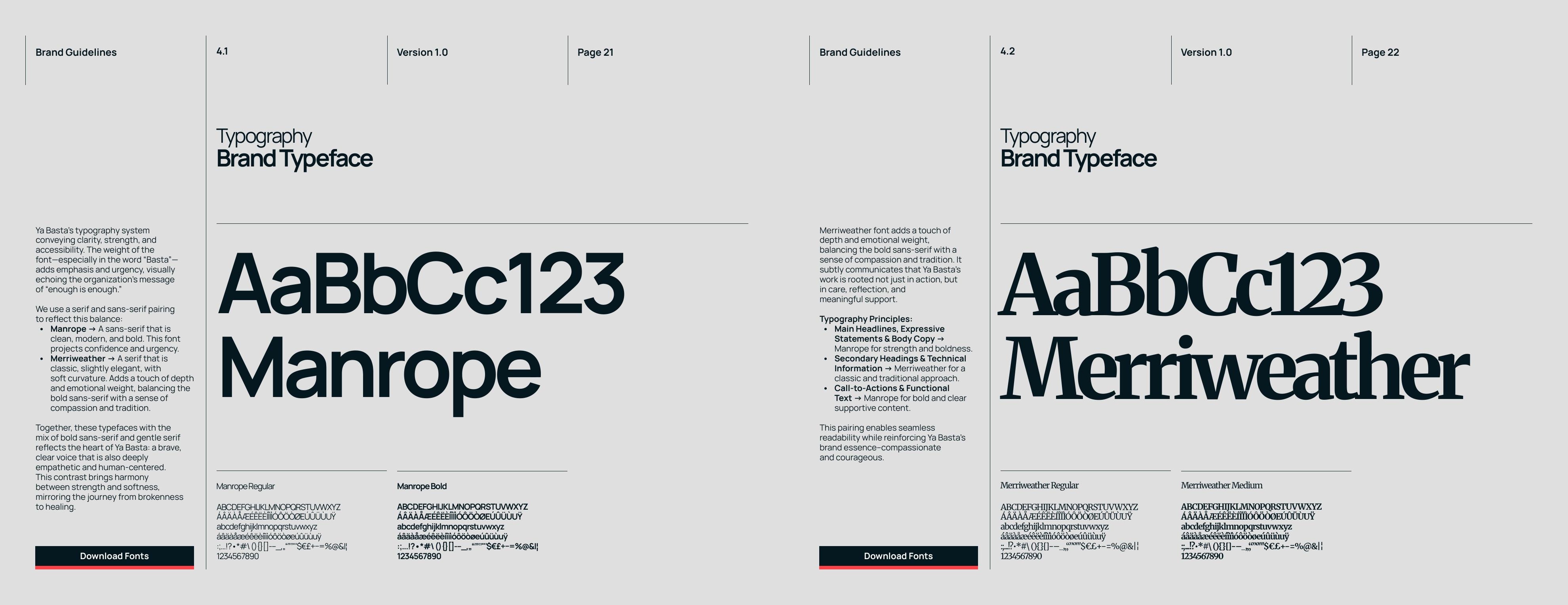 Ya Basta typography system pairing Manrope with Merriweather
