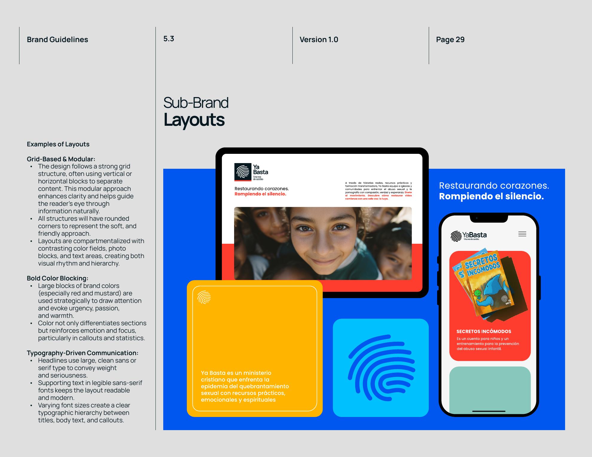 Ya Basta youth-focused layouts using modular grids, bold colors, and rounded forms